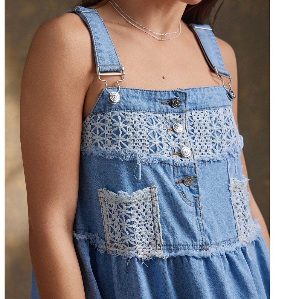 Light Wash Denim Frayed Detail Button Crochet Ruffle Hem Mini Dress - Picture 2 of 6